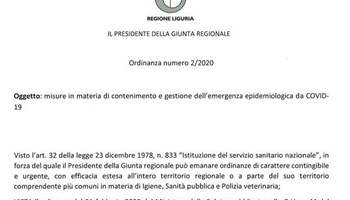 Ordinanza Regione Liguria n. 2 2020 